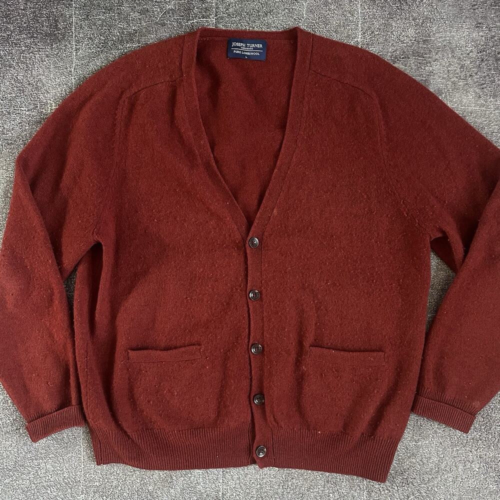 Men's Joseph Turner Yorkshire Red 100% Lambswool Button Up Cardigan Sweater Sz L